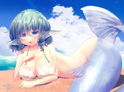 Rule 34 | 1girl, bare shoulders, beach, bent over, bikini, bikini top only, blue eyes, blue hair, breasts, cleavage, cloud, cloudy sky, collarbone, commentary, drill hair, drill sidelocks, eyelashes, fins, fish tail, head fins, highres, kemo chiharu, looking at viewer, medium hair, mermaid, monster girl, ocean, on ground, outdoors, sand, seashell, shell, shell bikini, sidelocks, sky, solo, swimsuit, tail, touhou, wakasagihime