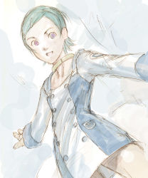 Rule 34 | 00s, 1girl, :d, blush, buttons, cowboy shot, emblem, eureka (eureka seven), eureka seven, eureka seven (series), from below, hair ornament, hairclip, jewelry, long sleeves, looking at viewer, looking down, neck ring, open mouth, outstretched arms, purple eyes, short hair, simple background, smile, solo, standing, thighs, white background
