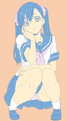 Rule 34 | 1girl, absurdres, bad id, bad twitter id, blue sailor collar, blue skirt, closed mouth, donguri suzume, full body, head rest, highres, knees together feet apart, long hair, looking at viewer, neckerchief, orange background, pale color, panties, pantyshot, pleated skirt, red neckerchief, sailor collar, school uniform, scrunchie, serafuku, shirt, shoes, short sleeves, simple background, skirt, socks, solo, squatting, striped clothes, striped panties, twintails, underwear, white shirt, white socks