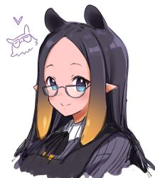Rule 34 | 1girl, 2000s (style), :3, = =, black dress, blue eyes, commentary, dress, english commentary, forehead, from side, glasses, grey shirt, hair behind ear, heart, hololive, hololive english, long hair, looking at viewer, maru ccy, ninomae ina&#039;nis, ninomae ina&#039;nis (casual), official alternate costume, pointy ears, shirt, smile, solo, takodachi (ninomae ina&#039;nis), tentacle hair, virtual youtuber