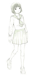 Rule 34 | 1girl, green theme, kneehighs, monochrome, original, school uniform, serafuku, shoes, short hair, sketch, skirt, sneakers, socks, solo, traditional media, yoshitomi akihito