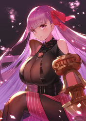 Rule 34 | 1girl, belt, belt collar, black pantyhose, blunt bangs, breasts, closed mouth, collar, commentary request, dolce (dolsuke), fate/grand order, fate (series), hair ribbon, highres, huge breasts, long hair, looking at viewer, pantyhose, passionlip (fate), purple eyes, purple hair, red ribbon, ribbon, sitting, smile, solo