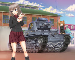 Rule 34 | 10s, 2girls, blue eyes, blush, brown hair, building, cloud, commentary, cover, cover image, cover page, day, emblem, girls und panzer, girls und panzer phase erika, hair bobbles, hair ornament, itsumi erika, kuromorimine (emblem), kuromorimine military uniform, looking to the side, military, military vehicle, motor vehicle, multiple girls, official art, panzerkampfwagen 35(t), radio antenna, rope, rou leila, saitaniya ryouichi, silver hair, skirt, sky, tank, twintails, uniform, wrench
