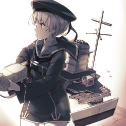 Rule 34 | 10s, 1girl, anchor, artist name, bad id, bad twitter id, beret, cannon, cowboy shot, dress, gradient background, gun, hat, highres, kantai collection, long sleeves, looking to the side, machinery, pemu, pomon illust, sailor collar, sailor dress, short hair, solo, torpedo, turtleneck, weapon, white background, z1 leberecht maass (kancolle)