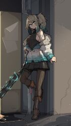 Rule 34 | 1girl, absurdres, against wall, arm tattoo, blonde hair, blouse, blue eyes, blue hair, boots, breasts, club, club (weapon), commission, electricity, electrified weapon, female focus, full body, gradient hair, highres, holding, holding club, holding weapon, jacket, leg up, looking at viewer, medium breasts, multicolored hair, original, outdoors, pantyhose, scrunchie, semi-rimless eyewear, shirt, shuuko (s h uuko), side ponytail, sideboob, skirt, solo, standing, tattoo, thigh strap, weapon