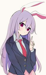Rule 34 | 1girl, animal ears, black jacket, blazer, collared shirt, commentary, highres, jacket, long hair, long sleeves, necktie, pink skirt, purple hair, rabbit ears, rabbit girl, red necktie, rei (tonbo0430), reisen udongein inaba, shirt, simple background, skirt, solo, touhou, white background, white shirt
