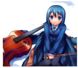 Rule 34 | 1girl, absurdres, black pantyhose, blue eyes, blue hair, cello, coat, unworn coat, from above, hair ornament, hairclip, highres, instrument, knees together feet apart, looking at viewer, looking up, matching hair/eyes, nanakusa, necktie, orange scarf, pantyhose, scan, scarf, sitting, skirt, snow, solo