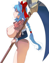Rule 34 | 1girl, animal ears, ass, blue eyes, blue hair, bow, braid, breasts, commentary request, from side, hair bow, hair ribbon, highres, huge breasts, kouno (masao), leotard, long hair, looking up, nipples, original, parted lips, red bow, red ribbon, ribbon, scythe, shinigami, solo, thighs, very long hair