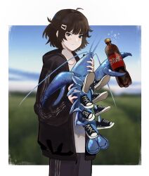 Rule 34 | 1girl, absurdres, ahoge, animal, artist name, black eyes, black footwear, black jacket, black pants, black track suit, blurry, blurry background, bottle, brown hair, commentary, commission, cyrillic, female focus, hair ornament, hairclip, highres, holding, holding animal, holding bottle, jacket, kvass, lobster, looking at viewer, original, pants, russian commentary, shirt, shoes, short hair, sneakers, tangerine 93, translated, what, white shirt