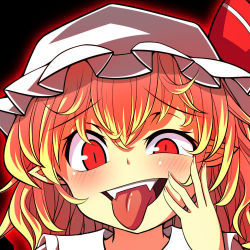 Rule 34 | 1girl, bad id, bad pixiv id, blonde hair, blush, crazy eyes, fangs, flandre scarlet, glowing, hand on own face, hat, lowres, mob cap, oimo (imoyoukan), portrait, red eyes, short hair, solo, tongue, tongue out, touhou, uneven eyes
