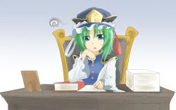 Rule 34 | 1girl, :o, arm support, blue eyes, book, chair, desk, feathers, frills, green hair, hair between eyes, hand on own chin, hat, highres, kakao (noise-111), long sleeves, looking at viewer, mob cap, nib pen (object), paper stack, parted lips, pen, photo (object), shiki eiki, sitting, solo, squiggle, third-party edit, touhou, upper body, writing