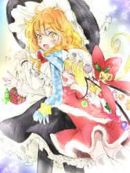 Rule 34 | 2girls, :d, :o, adapted costume, alternate costume, blonde hair, blush, bow, braid, candy, candy cane, capelet, christmas, dropping, closed eyes, flandre scarlet, food, frilled skirt, frills, gift, glomp, green ribbon, hair bow, handbell, hat, hat bow, hug, hug from behind, kirisame marisa, leaf, messy hair, mob cap, multiple girls, open mouth, orange hair, pantyhose, red bow, ribbon, rosette (roze-ko), santa costume, scarf, side braid, single braid, skirt, smile, star (symbol), surprised, thighhighs, touhou, wavy hair, white bow, white legwear, wide-eyed, witch hat, yellow eyes