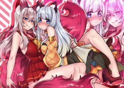 Rule 34 | 2girls, :&lt;, :q, ahoge, animal ear fluff, animal ears, bare arms, bare shoulders, blue eyes, blush, breasts, commentary, detached sleeves, english commentary, fox ears, fox tail, grey hair, hair between eyes, high heels, hug, huge breasts, law of creation, long hair, long sleeves, looking at viewer, multiple girls, neckerchief, osiimi, puffy long sleeves, puffy sleeves, red footwear, red neckerchief, red shirt, shirt, shoe dangle, sideboob, signature, smile, tail, tongue, tongue out, yellow neckerchief, zoom layer