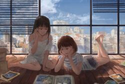 Rule 34 | 2girls, adjusting hair, arm support, barefoot, black hair, blue shirt, blue shorts, blunt bangs, box, brown eyes, brown hair, cardboard box, city, cityscape, commentary, english commentary, highres, indoors, long hair, lying, magazine (object), multiple girls, on stomach, original, shirt, short hair, shorts, sitting, sky, spaghetti strap, striped clothes, striped shirt, the pose, wariza, white chemise, white shirt, window, xilmo