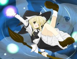 Rule 34 | 1girl, bad id, bad pixiv id, blonde hair, bloomers, broom, broom riding, female focus, full body, hat, kirisame marisa, skirt, solo, t (dyuhuhudyukusi), touhou, underwear, white bloomers, witch, witch hat, zoom layer