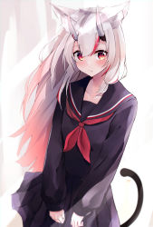 Rule 34 | 1girl, absurdres, alternate costume, animal ear fluff, animal ears, bad id, bad pixiv id, black sailor collar, black skirt, blush, cat ears, cat girl, cat tail, closed mouth, gradient hair, hair tie, highres, hololive, horns, long hair, long sleeves, looking at viewer, multicolored hair, nakiri ayame, nanashinayuzu mochi, necktie, oni, pleated skirt, red eyes, red hair, red necktie, sailor collar, skin-covered horns, skirt, solo, standing, streaked hair, tail, two-tone hair, very long hair, virtual youtuber, white hair