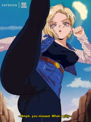 Rule 34 | 1girl, android 18, belt, black pantyhose, blonde hair, blue eyes, bluethebone, breasts, cameltoe, cleft of venus, commentary, covered erect nipples, day, dragon ball, dragonball z, earrings, english commentary, english text, film grain, highres, jewelry, large breasts, outdoors, pantyhose, retro artstyle, short hair, solo, split, standing, standing on one leg, standing split, subtitled, upskirt