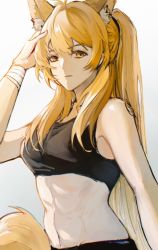 Rule 34 | 1girl, animal ear fluff, animal ears, arknights, bandages, bare shoulders, blonde hair, breasts, commentary request, crop top, highres, horse ears, long hair, looking at viewer, medium breasts, midriff, navel, nearl (arknights), ponytail, qiuhai (xiaotaiyang167), solo, sports bra, stomach, upper body, very long hair, wrist wrap, yellow eyes