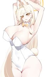 Rule 34 | absurdres, animal ears, arms up, blonde hair, blue archive, bow, bowtie, breasts, casul, cleavage, cowboy shot, detached collar, fox ears, hairband, halo, highres, kaho (blue archive), large breasts, leotard, long hair, mole, mole under mouth, orange eyes, orange halo, rabbit tail, sketch, tail, thick eyebrows, white background, white leotard, yellow bow, yellow bowtie, yellow hairband, yellow halo