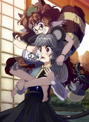 Rule 34 | 2girls, alcohol, animal ears, barefoot, basket, bloomers, brown eyes, brown hair, capelet, dress, face, feet, futatsuiwa mamizou, glasses, grey hair, grin, highres, indian style, jewelry, leaf, leaf on head, leg lock, mouse (animal), mouse ears, mouse tail, multiple girls, nazrin, object on head, open mouth, pince-nez, raccoon ears, raccoon tail, red eyes, sake, short hair, sitting, sitting on person, skirt, smile, syope, tail, tears, touhou, underwear