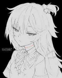Rule 34 | 1girl, akai haato, black background, blush, collared shirt, hair ornament, hair ribbon, heart, heart hair ornament, highres, hololive, monochrome, ribbon, shirt, simple background, sketch, solo, stitched neck, stitches, virtual youtuber, yuta zzyy