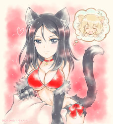 Rule 34 | 2girls, animal ears, animal hands, artist name, bell, bikini, black gloves, black hair, blonde hair, blue eyes, bow, bow bikini, breasts, cat ears, cat paws, cat tail, choker, cleavage, closed mouth, commentary, dated, elbow gloves, fang, girls und panzer, gloves, halterneck, heart, holding, holding pillow, imagining, katyusha (girls und panzer), kemonomimi mode, kuromori yako, large breasts, long hair, looking at viewer, multiple girls, navel, neck bell, nonna (girls und panzer), open mouth, pillow, red background, red choker, short hair, smile, solo focus, standing, swept bangs, swimsuit, tail, under covers, zzz