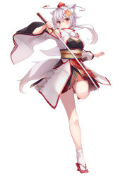Rule 34 | 1girl, absurdres, animal ear fluff, animal ears, bare shoulders, breasts, cleavage, cleavage cutout, clothing cutout, full body, geta, hat, highres, holding, holding sword, holding weapon, inubashiri momiji, japanese clothes, katana, kimono, long sleeves, looking at viewer, medium breasts, messiah &amp; crea, nail polish, open mouth, ponytail, red eyes, red nails, sheath, simple background, socks, solo, sword, tabi, tail, tokin hat, touhou, weapon, white background, white hair, white kimono, white socks, wolf ears, wolf girl, wolf tail