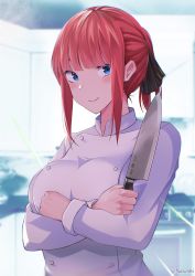 Rule 34 | 1girl, :&gt;, absurdres, arms under breasts, black ribbon, blue eyes, blunt bangs, blush, breasts, butterfly hair ornament, chef, cooking, crossed arms, from side, go-toubun no hanayome, hair ornament, highres, holding, holding knife, kitchen, knife, large breasts, looking at viewer, nakano nino, nasenbi, pink hair, ponytail, raised eyebrows, ribbon, sidelocks, smile