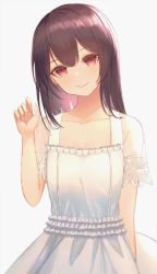 Rule 34 | 1girl, bare shoulders, blush, bosumonki, brown hair, closed mouth, collarbone, commentary request, dress, frilled dress, frills, hand up, head tilt, highres, idolmaster, idolmaster shiny colors, long hair, looking at viewer, morino rinze, red eyes, see-through, short sleeves, simple background, smile, solo, white background, white dress
