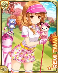 Rule 34 | 1girl, bare legs, brown eyes, brown hair, card (medium), closed mouth, day, girlfriend (kari), golf, golf club, golf course, looking at viewer, low twintails, official art, outdoors, pink skirt, qp:flapper, shirt, skirt, smile, solo, standing, stuffed animal, stuffed dog, stuffed toy, tagme, tamai remi, teddy bear, twintails, white shirt