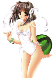 Rule 34 | 1girl, absurdres, ball, beachball, bracelet, breasts, brown hair, carnelian, carrying, casual one-piece swimsuit, cleavage, food, frilled one-piece swimsuit, frilled swimsuit, frills, fruit, hair intakes, hair ribbon, halterneck, happy, highres, holding, holding food, holding fruit, jewelry, leaning forward, one-piece swimsuit, pink eyes, pinky out, pulling, ribbon, scan, short hair, simple background, small breasts, smile, solo, swimsuit, thigh gap, thighs, watermelon