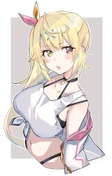 Rule 34 | 1girl, :o, ahoge, bad id, bad twitter id, bare shoulders, blonde hair, breasts, collarbone, commentary request, crop top, cropped torso, front-tie top, h (eitilog), hair ornament, hair ribbon, halterneck, heterochromia, highleg, highres, hoshikawa sara, hoshikawa sara (1st costume), jacket, long hair, looking at viewer, medium breasts, midriff, multicolored hair, navel, nijisanji, off shoulder, open clothes, open jacket, open mouth, red eyes, ribbon, shirt, side ponytail, sidelocks, sleeveless, sleeveless shirt, solo, streaked hair, two-tone background, virtual youtuber, white jacket, white shirt, x hair ornament, yellow eyes
