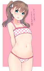 Rule 34 | 1girl, :d, aqua eyes, arms behind back, bare shoulders, blush, border, bra, brown hair, collarbone, commentary request, cowboy shot, flat chest, frilled bra, frilled panties, frills, groin, hair ribbon, heart, legs together, long hair, looking at viewer, navel, nekoume, open mouth, original, outside border, panties, pink background, polka dot, polka dot bra, polka dot panties, raised eyebrows, ribbon, simple background, smile, solo, standing, stomach, tareme, thick thighs, thighs, translated, twintails, underwear, white border, white ribbon
