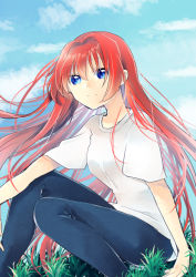 Rule 34 | 1girl, aozaki aoko, blue eyes, blue pants, blue sky, cloud, commentary request, day, denim, grass, hair between eyes, hair intakes, jeans, long hair, looking at viewer, outdoors, pants, red hair, shirt, short sleeves, sitting, sky, smile, solo, t-shirt, tsukihime, tsukihime (remake), twitter username, uyuki (ouun), very long hair, white shirt