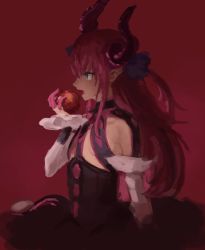 Rule 34 | 10s, 1girl, apple, bad id, bad twitter id, black dress, black hair, blue eyes, detached sleeves, dress, eating, elizabeth bathory (fate), elizabeth bathory (fate/extra ccc), elizabeth bathory (first ascension) (fate), fate/extra, fate/extra ccc, fate (series), female focus, flat chest, food, from side, fruit, hair between eyes, hand up, holding, holding food, holding fruit, horn ornament, horns, long hair, long sleeves, na (oagenosuke), open mouth, pointy ears, profile, purple hair, red apple, red background, simple background, solo, type-moon, white detached sleeves
