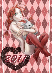 Rule 34 | 10s, 1girl, 2011, absurdres, akinatto, argyle, argyle background, argyle clothes, argyle legwear, braid, breasts, cleavage, heart, highres, hug, lips, long hair, new year, nude, original, rabbit, red hair, red thighhighs, ribbon, solo, thighhighs, twin braids, twintails