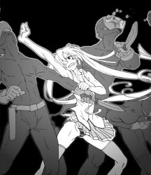Rule 34 | 1girl, battle, belt, fighting, gas mask, gloves, greyscale, hatsune miku, knife, left-handed, long hair, mask, monochrome, outstretched arm, panties, pantyshot, pleated skirt, punching, skirt, sleeveless, solo focus, striped clothes, striped panties, thighhighs, twintails, underwear, upskirt, very long hair, vocaloid, wokada