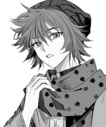 Rule 34 | 1boy, adjusting scarf, beanie, commentary, greyscale, hair between eyes, hand up, hat, hiyori sou, jacket, key, kimi ga shine, long sleeves, looking at viewer, male focus, mismatched pupils, monochrome, oshi no ko, parted lips, pipoabubu, polka dot, polka dot scarf, scarf, short hair, simple background, solo, star-shaped pupils, star (symbol), symbol-only commentary, symbol-shaped pupils, upper body, white background