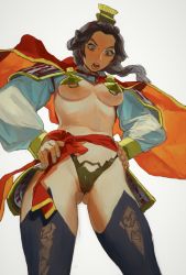 Rule 34 | 1girl, black hair, black legwear, braid, breasts, brown eyes, cameltoe, cape, contrapposto, copyright request, cowboy shot, fingernails, hands on own hips, highres, long hair, looking at viewer, mossacannibalis, navel, open mouth, pasties, red cape, shrug (clothing), simple background, solo, standing, sweat, thighhighs, underboob, white background, wide-eyed