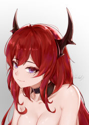 Rule 34 | 1girl, absurdres, arknights, bwcloud, chinese commentary, commentary request, detached collar, gradient background, grey background, highres, horns, long hair, looking at viewer, nude, purple eyes, red hair, smile, solo, surtr (arknights), upper body, white background