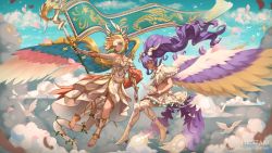 Rule 34 | 2girls, animal, armor, armored dress, artist name, bare shoulders, bird, blonde hair, blue eyes, blue sky, blue wings, breasts, brown wings, capelet, character request, cloud, collarbone, commentary, day, dragalia lost, dress, english commentary, feathered wings, fur-trimmed capelet, fur-trimmed skirt, fur trim, gauntlets, gradient hair, green hair, hentaki, jeanne d&#039;arc(dragalia lost), long hair, medium breasts, multicolored hair, multicolored wings, multiple girls, outdoors, parted lips, petals, ponytail, purple eyes, purple hair, purple wings, red wings, skirt, sky, strapless, strapless dress, very long hair, watermark, web address, white capelet, white dress, white skirt, wings