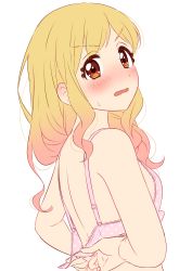 Rule 34 | 1girl, absurdres, aikatsu!, aikatsu! (series), arms behind back, blonde hair, blush, bra, breasts, d:, dot nose, embarrassed, from side, gradient hair, hair over shoulder, highres, looking at viewer, looking to the side, multicolored hair, nijino yume, open mouth, pink bra, pink hair, polka dot, polka dot bra, red eyes, sekina, simple background, small breasts, solo, sweatdrop, tying bra, underwear, upper body, v-shaped eyebrows, wavy mouth, white background