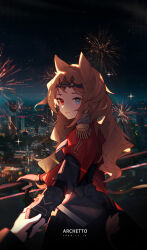 Rule 34 | 1girl, 1other, :d, absurdres, aerial fireworks, animal ears, archetto (arknights), arknights, black gloves, black shirt, blue eyes, breasts, brown hair, character name, cityscape, commentary request, epaulettes, fang, fireworks, gloves, headpiece, heterochromia, highres, holding hands, huajiaohaibao, jacket, layered sleeves, long hair, long sleeves, medium breasts, night, night sky, open mouth, outdoors, partially fingerless gloves, red eyes, red jacket, shirt, short over long sleeves, short sleeves, sky, smile, solo focus, very long hair