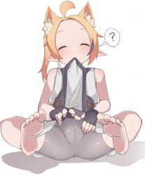 Rule 34 | 1girl, ?, ahoge, animal ears, barefoot, bike shorts, blonde hair, character request, closed eyes, clothes lift, commentary, copyright request, crotch seam, extra ears, feet, fingerless gloves, forehead, gloves, highres, lyanon, mole, mole under eye, mouth hold, pelvic curtain, pelvic curtain lift, ponytail, simple background, sleeveless, soles, solo, spoken question mark, spread pussy under clothes, symbol-only commentary, toes, white background