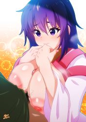 Rule 34 | absurdres, arc the lad, blush, breasts squeezed together, breasts, breath, highres, huge breasts, japanese clothes, k.ty (amejin), kimono, kukuru (arc the lad), large breasts, miko, nipples, paizuri, pubic hair, purple eyes, purple hair, short hair, sweat