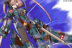 Rule 34 | 1girl, aircraft, airplane, black pantyhose, breasts, camouflage, character name, cloud, covered erect nipples, day, flying, gauntlets, jet, lance, large breasts, long hair, mecha musume, military, oekaki, open mouth, original, panties, panties under pantyhose, pantyhose, personification, polearm, rocket launcher, sky, solo, underwear, weapon, yonezuka ryou