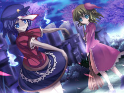 Rule 34 | 2girls, animal ears, bad id, bad pixiv id, beret, black skirt, blue eyes, blue hair, broom, cherry blossoms, dress, female focus, ghost, grave, graveyard, green eyes, green hair, hat, highres, jiangshi, kasodani kyouko, marionette (excle), miniskirt, miyako yoshika, multiple girls, ofuda, outstretched arms, petals, pink dress, shirt, skirt, tongue, tongue out, touhou, tree, zombie pose