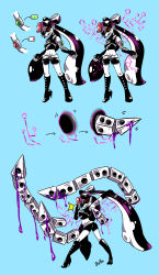 Rule 34 | 1girl, absurdres, adjusting eyewear, arm up, armband, belt, blue background, boots, callie (splatoon), cosplay, cross-laced footwear, earrings, elbow gloves, facing viewer, fangs, fingerless gloves, food, food on head, from side, gloves, halterneck, high heel boots, high heels, highres, jewelry, knee boots, long hair, looking at viewer, midriff, mole, mole under eye, navel, nintendo, object on head, open mouth, paint splatter, pancake, partially colored, pointy ears, portal (object), shorts, smile, sparkle, splatoon (series), splatoon 2, standing, stitched, sunglasses, sushi, takozonesu, takozonesu (cosplay), tentacle hair, tentacles, third-party edit, waffle, zoza