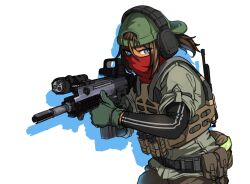 Rule 34 | 1girl, adidas, assault rifle, backwards hat, bandana, baseball cap, belt pouch, blue eyes, brown hair, ear protection, flashlight, fn scar, fn scar 16, fn scar 17, gloves, green gloves, green hat, gun, hair in eyes, hat, looking to the side, messy hair, muzzle device, original, ponytail, pouch, radio, red bandana, reflective surface, rifle, sate, scope, silhouette, sleeves rolled up, solo, striped clothes, tactical clothes, tan, thumbs up, weapon