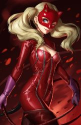 Rule 34 | 10s, 1girl, athenawyrm, blonde hair, blue eyes, bodysuit, breasts, gloves, hair ornament, long hair, looking at viewer, mask, medium breasts, persona, persona 5, red theme, smile, solo, takamaki anne, tongue, tongue out, twintails